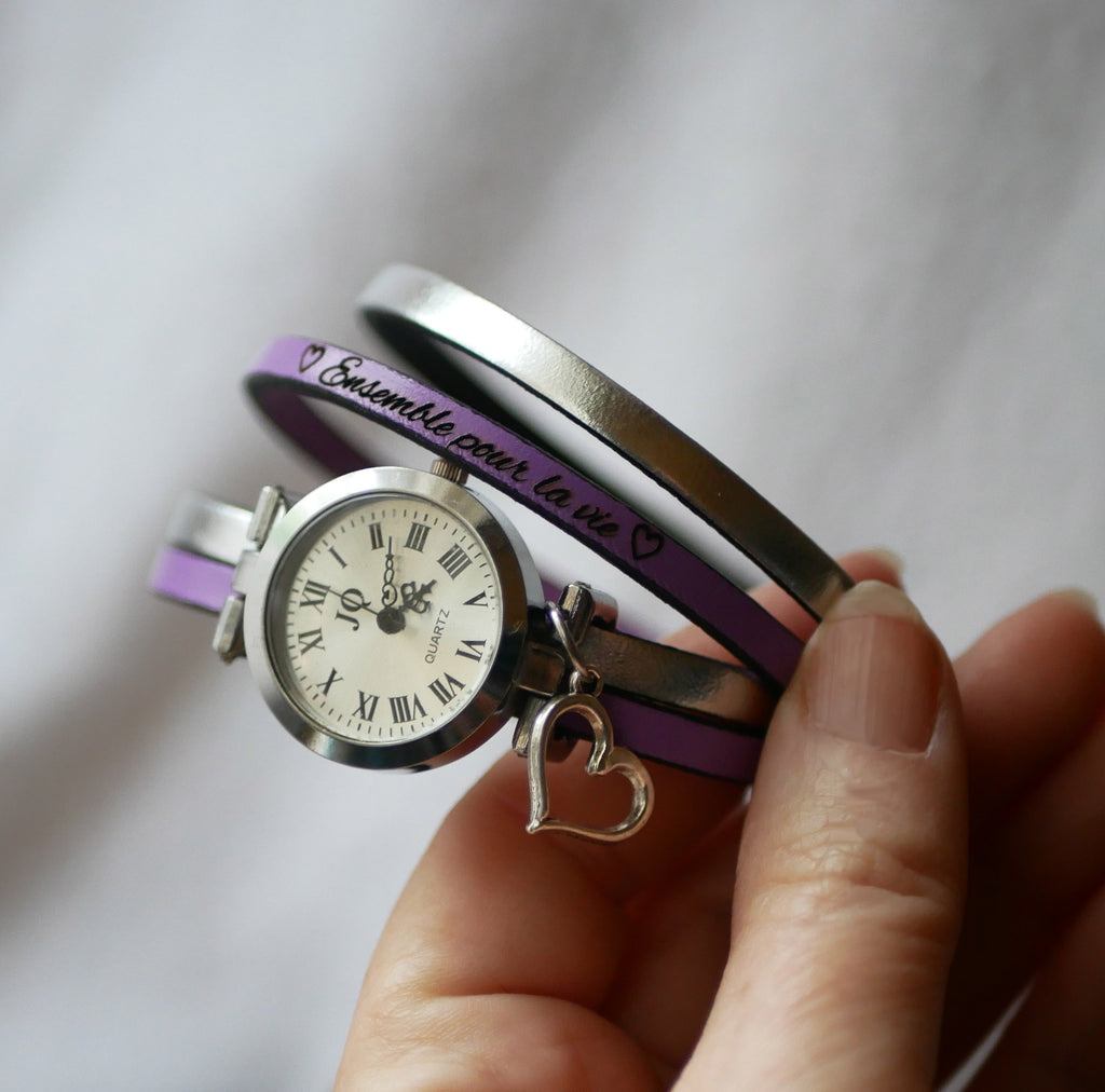 Montre femme double duo de cuir personnalisable cadran argenté