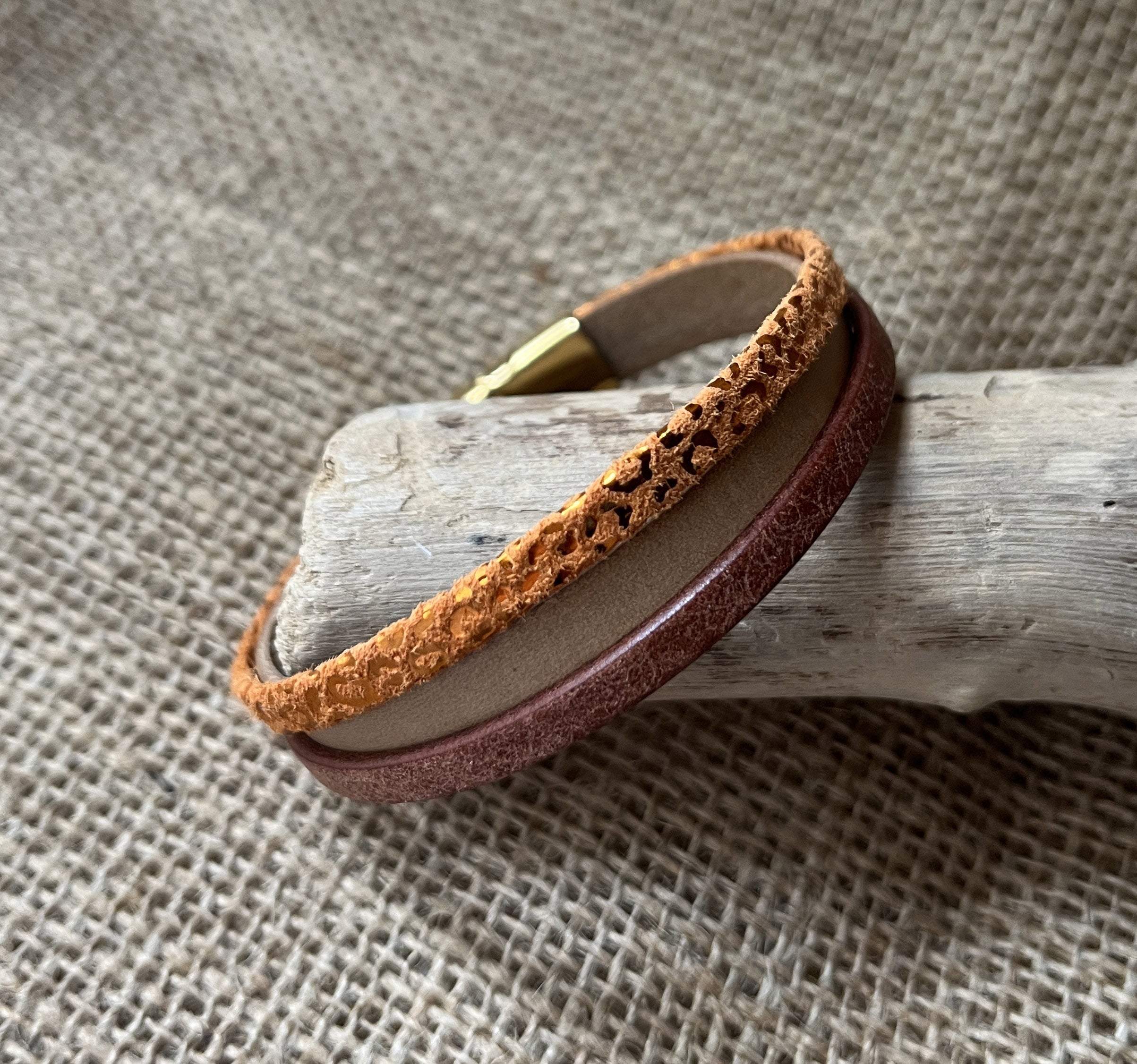 Bracelet manchette femme aux 3 cuirs Orange léopard /  Doré /  Beige