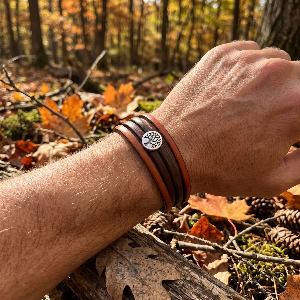 bracelet manchette multi cuir homme automne passant arbre de vie
