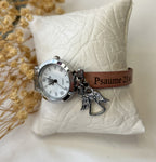 Montre femme cadran argenté bracelet cuir avec breloque pendentif