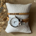 Montre femme personnalisée au 3 tours de cuir et pendentif argenté