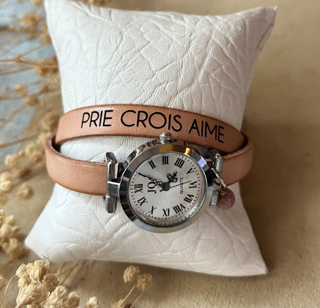 Montre double tour cuir cadran argenté à personnaliser
