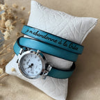 Montre bracelet triple tour au cuir cadran argenté à personnaliser