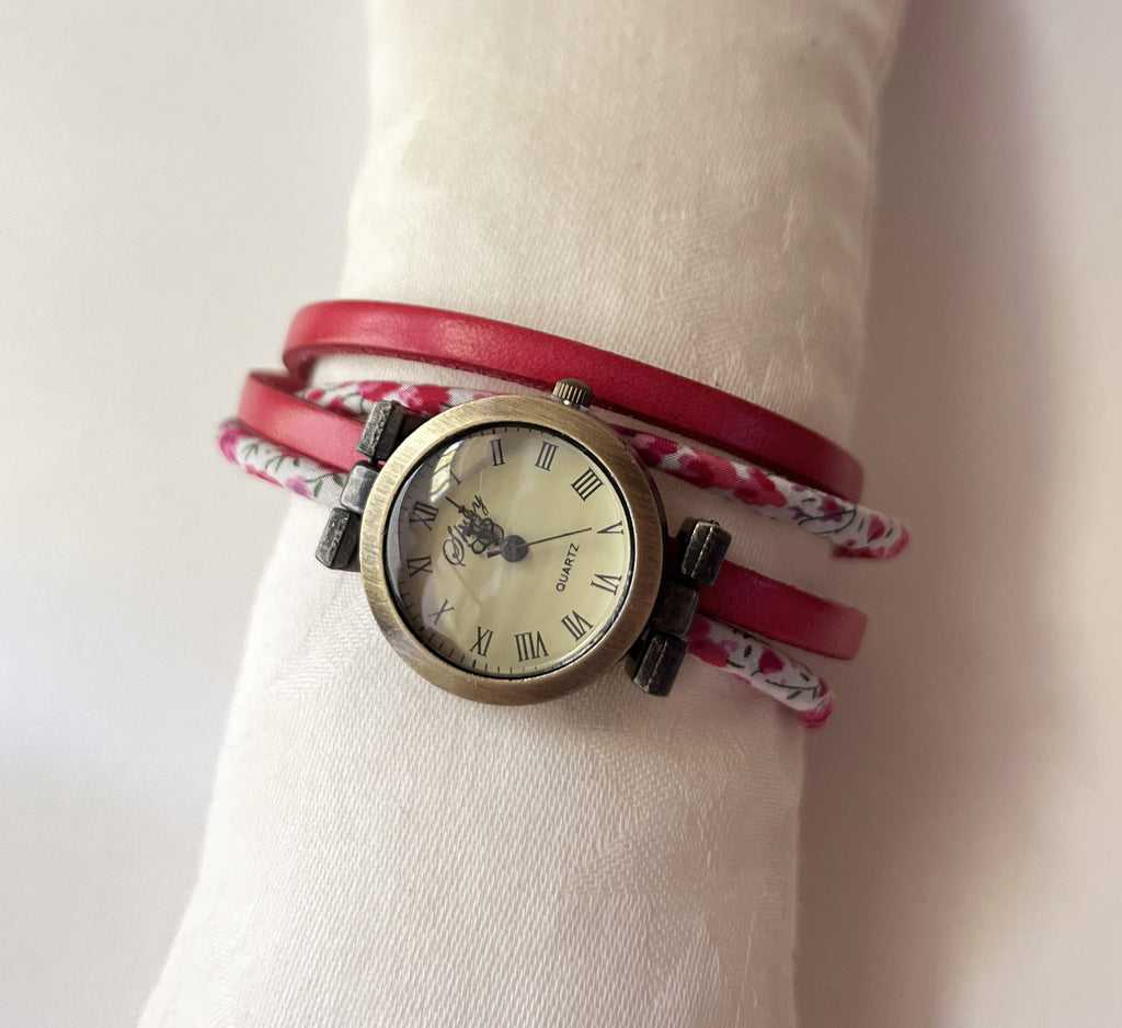 Montre double tour liberty et cuir rose fraise cadran vintage