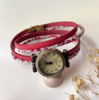 Montre double tour liberty et cuir rose fraise cadran vintage