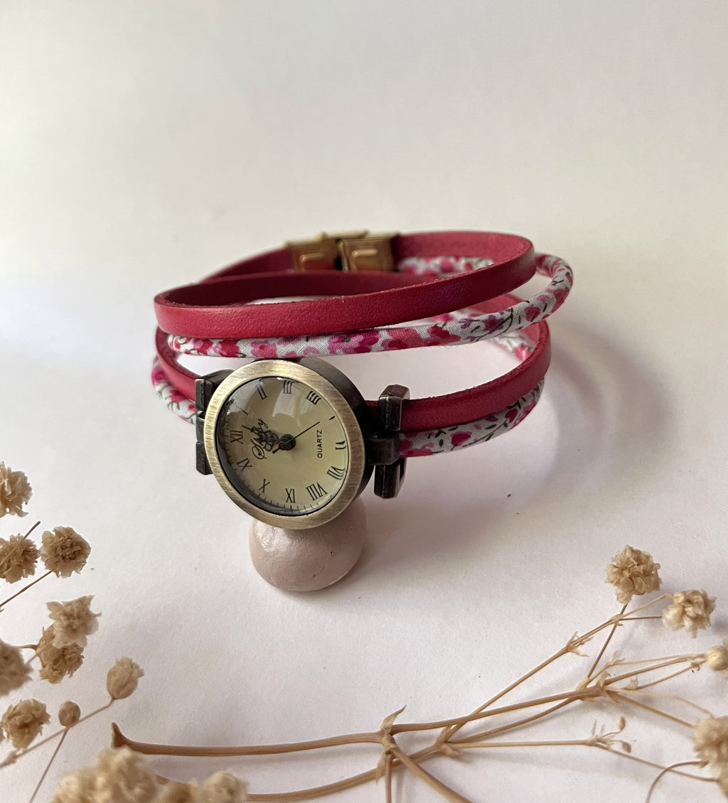 Montre double tour liberty et cuir rose fraise cadran vintage
