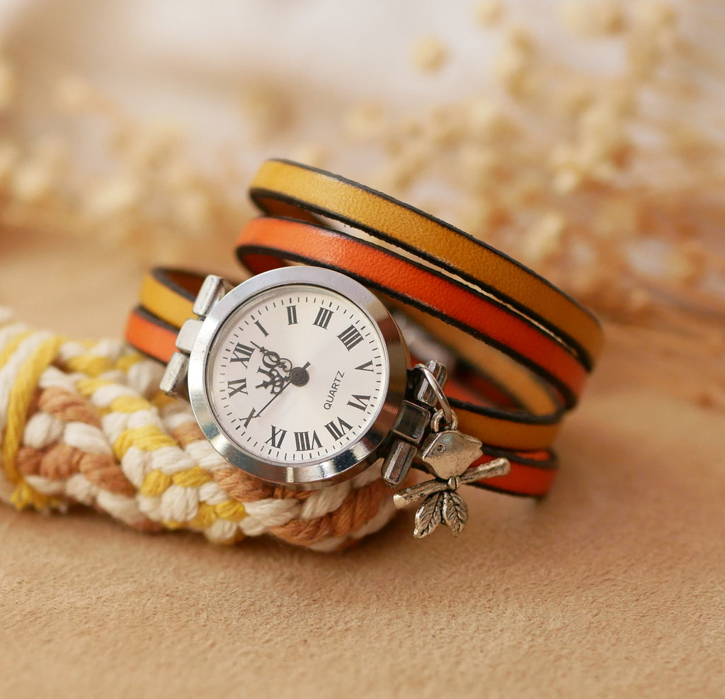 Montre femme double duo de cuir personnalisable cadran argenté