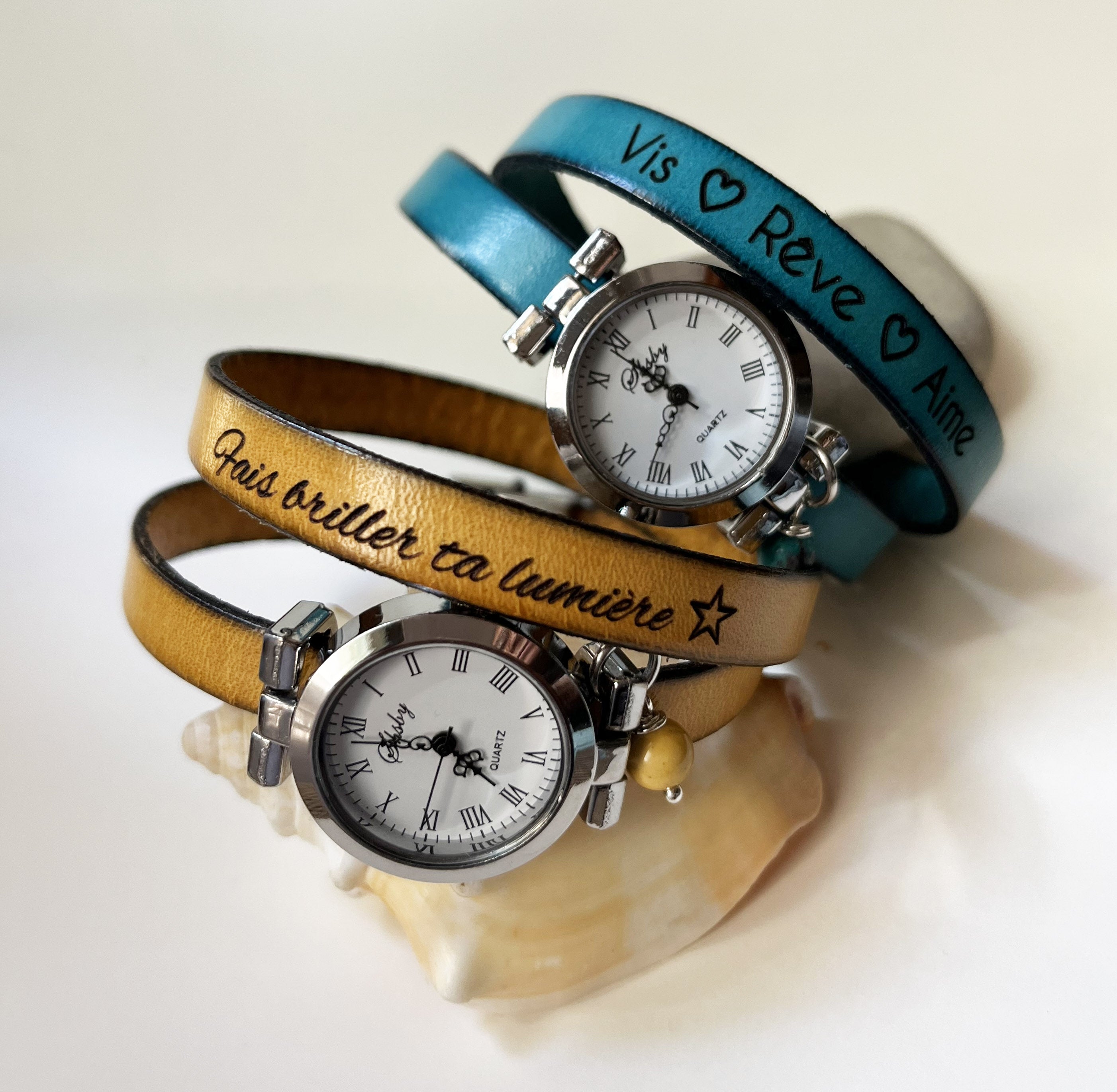 Montre double tour cuir cadran argenté à personnaliser