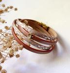 Bracelet femme double cuirs rose tendre nacré charme doré