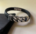 manchette bracelet homme élégant cuir tressé noir et gourmette acier a