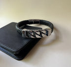 Bracelet homme gourmette cuir noir tressé élégant