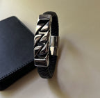 bracelet homme élégant cuir tressé noir et gourmette acier au fermoir magnétique