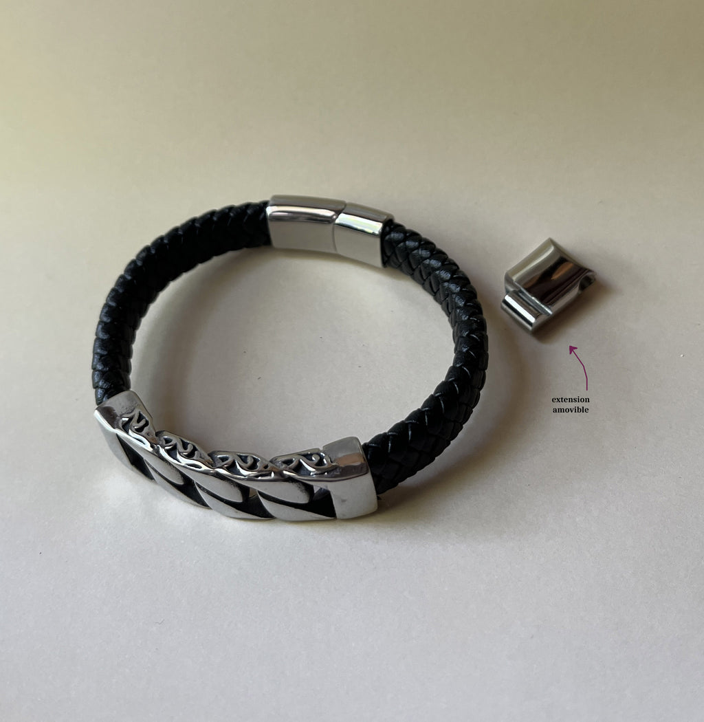 Bracelet homme gourmette cuir noir tressé élégant