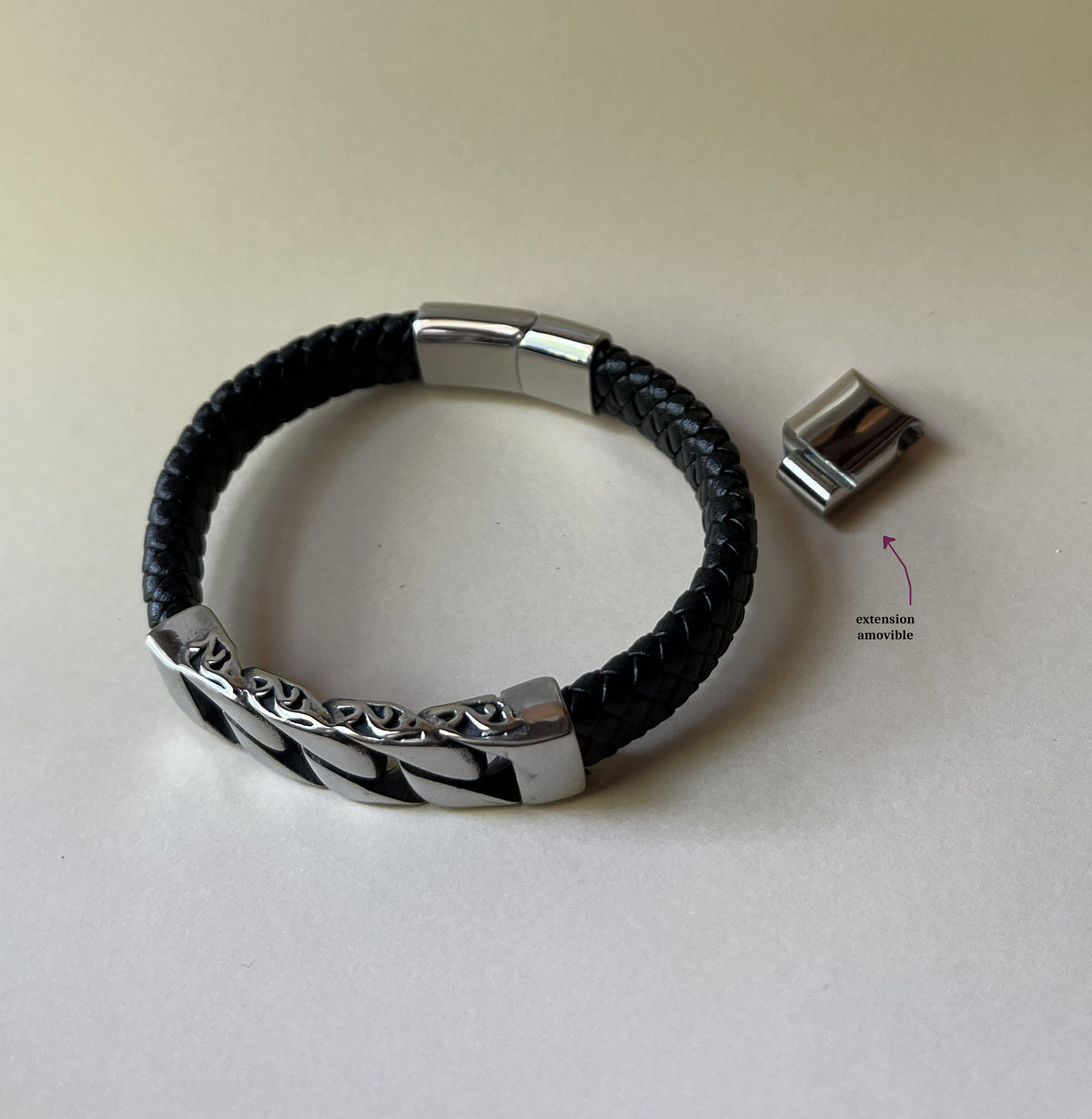 Bracelet homme gourmette cuir noir tressé élégant