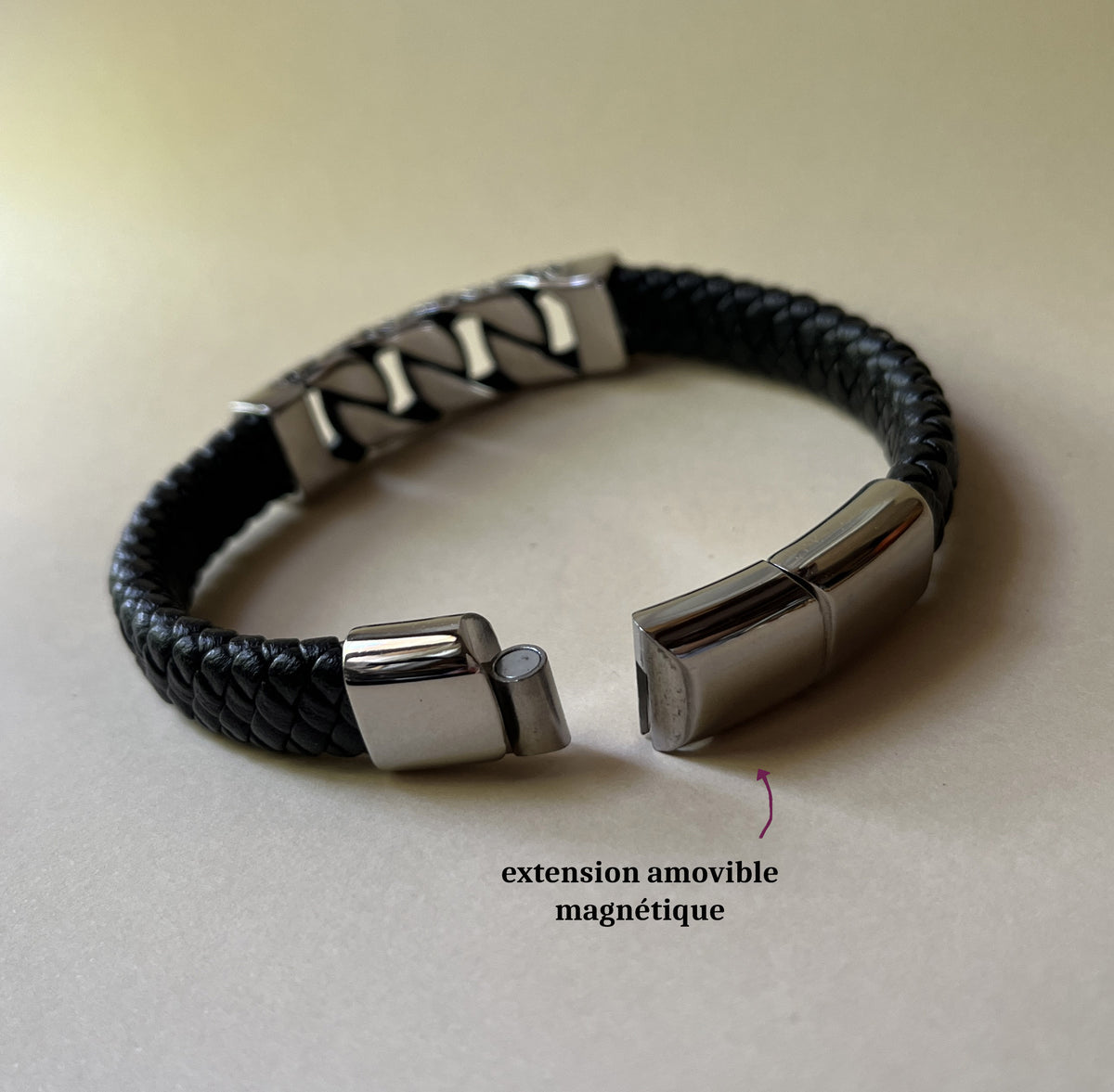 bracelet homme élégant cuir et gourmette acier au fermoir ajustable avec extension amovible magnétique