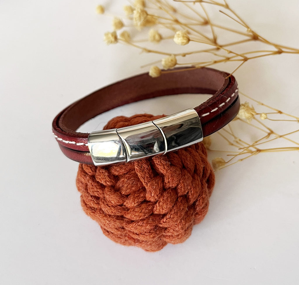 Bracelet manchette femme aux 3 cuirs rouges