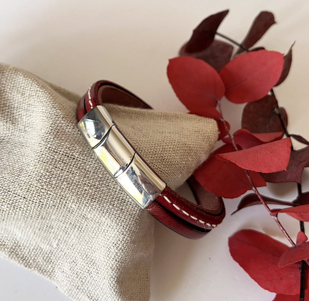 Bracelet manchette femme aux 3 cuirs rouges
