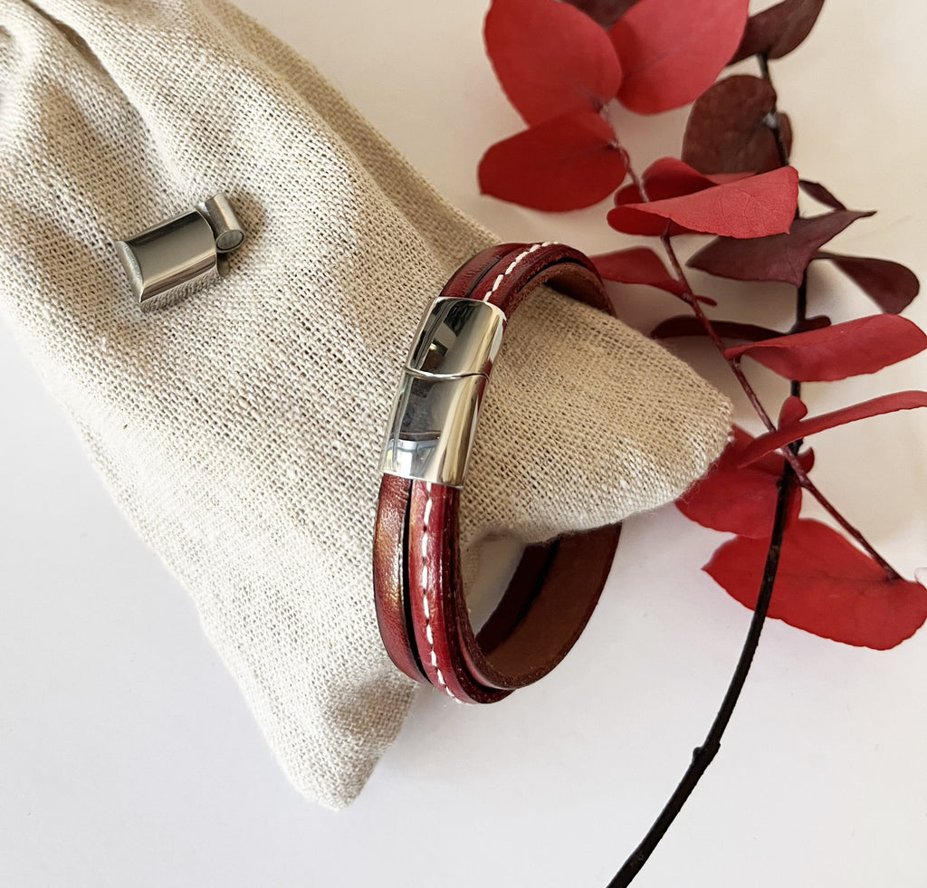 Bracelet manchette femme aux 3 cuirs rouges