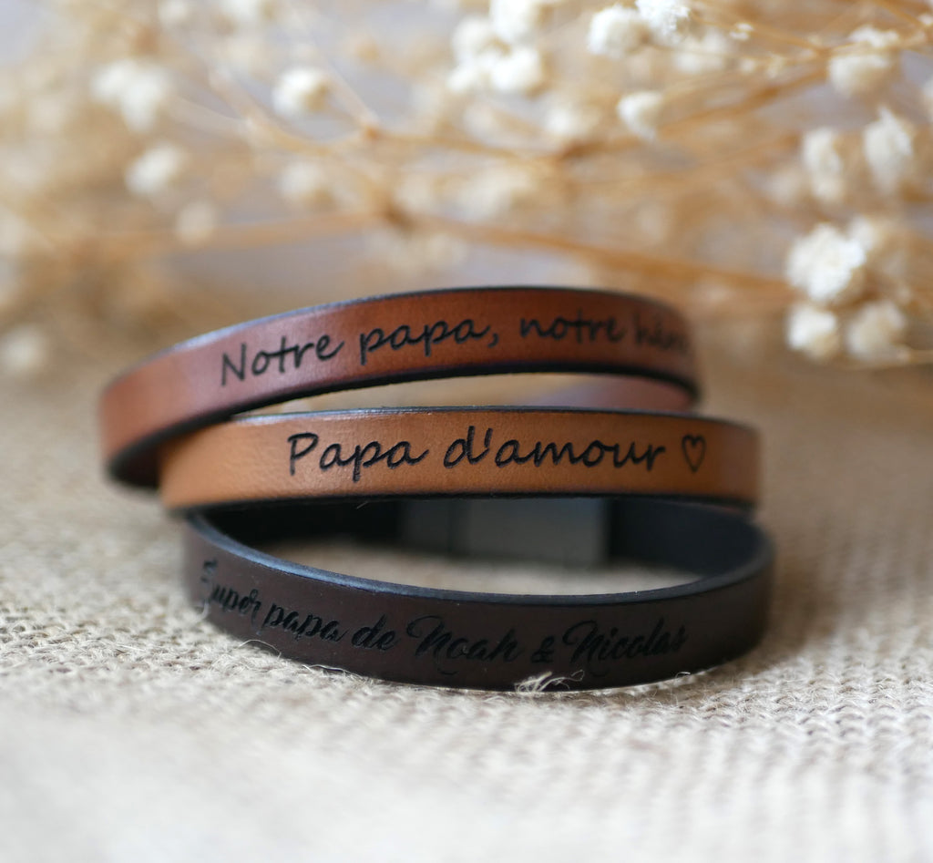 bracelet homme cuir personnalisé 
 gravé fête des pères pour papa