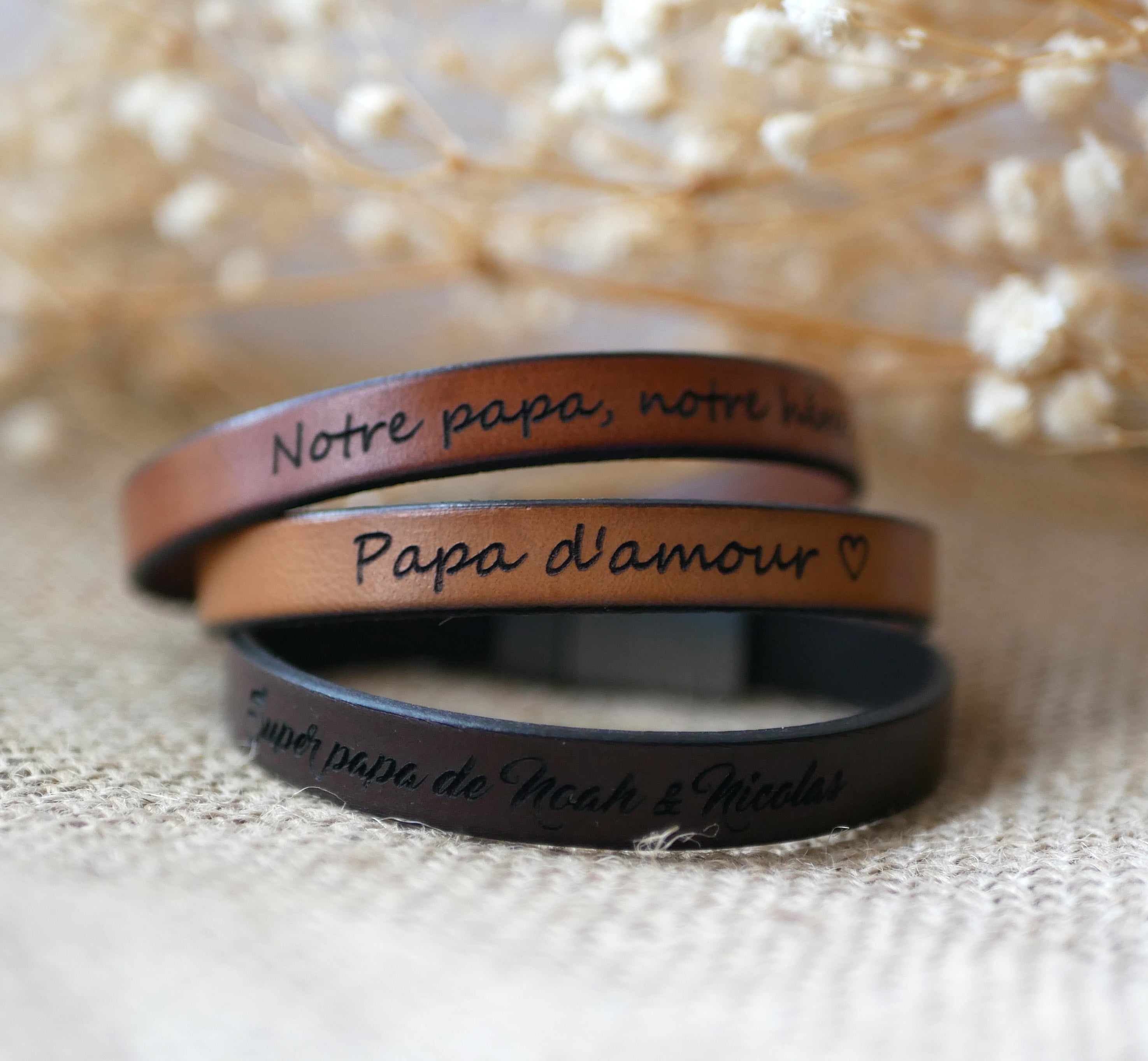 bracelet homme cuir personnalisé 
 gravé fête des pères pour papa