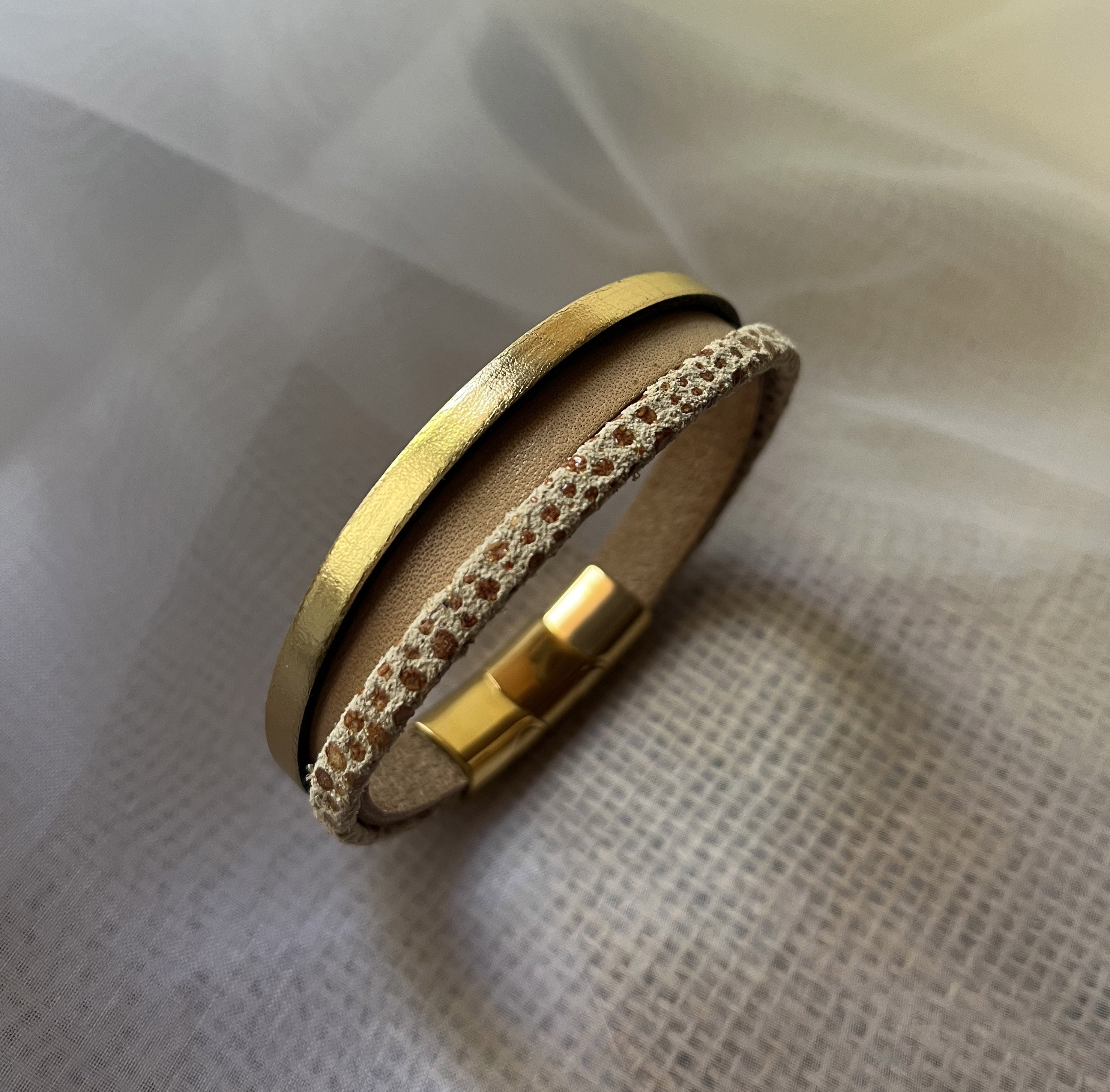 Bracelet manchette femme aux 3 cuirs doré et beige