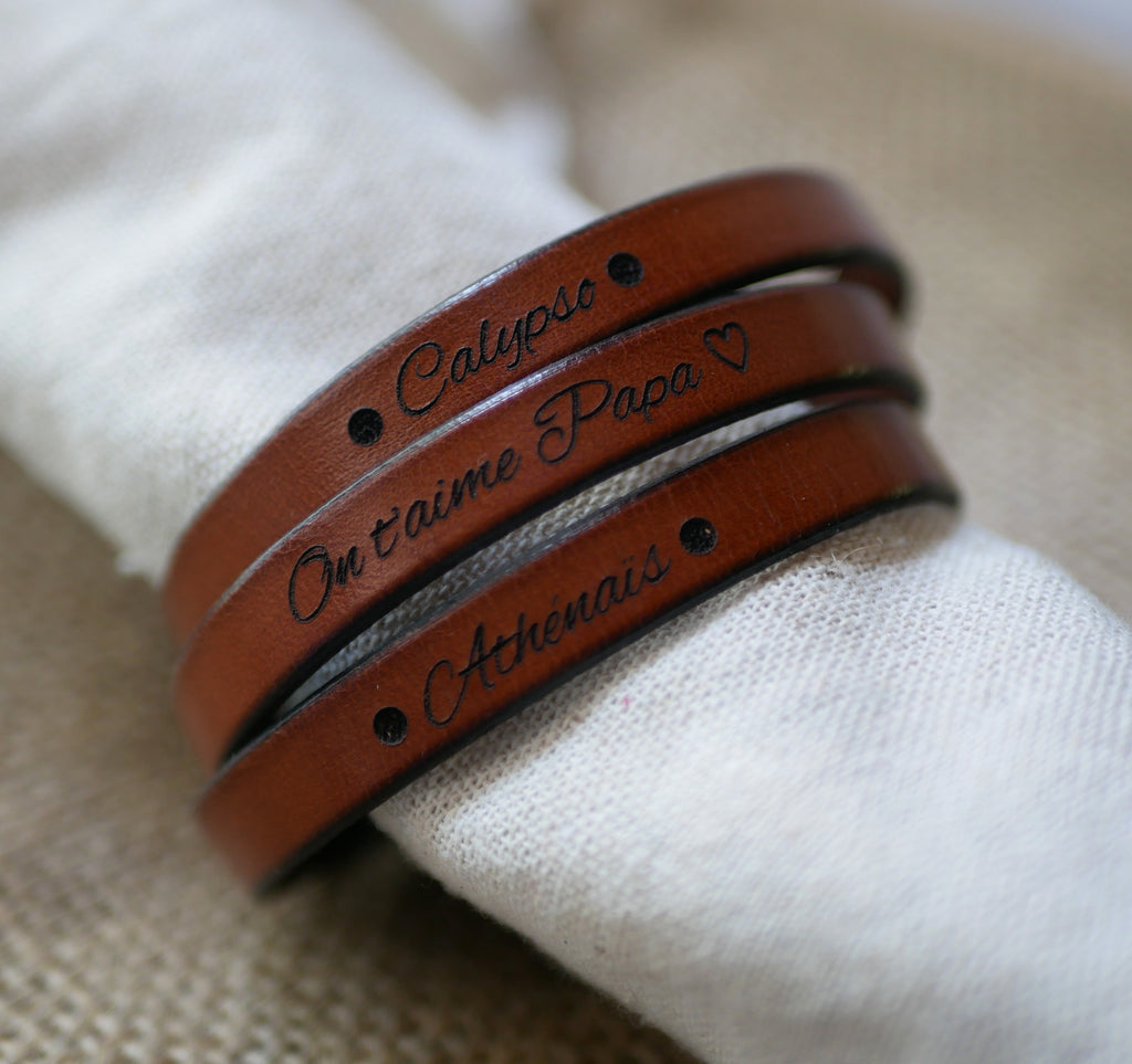 bracelet cuir personnalisé pour un papa avec prénoms des enfants