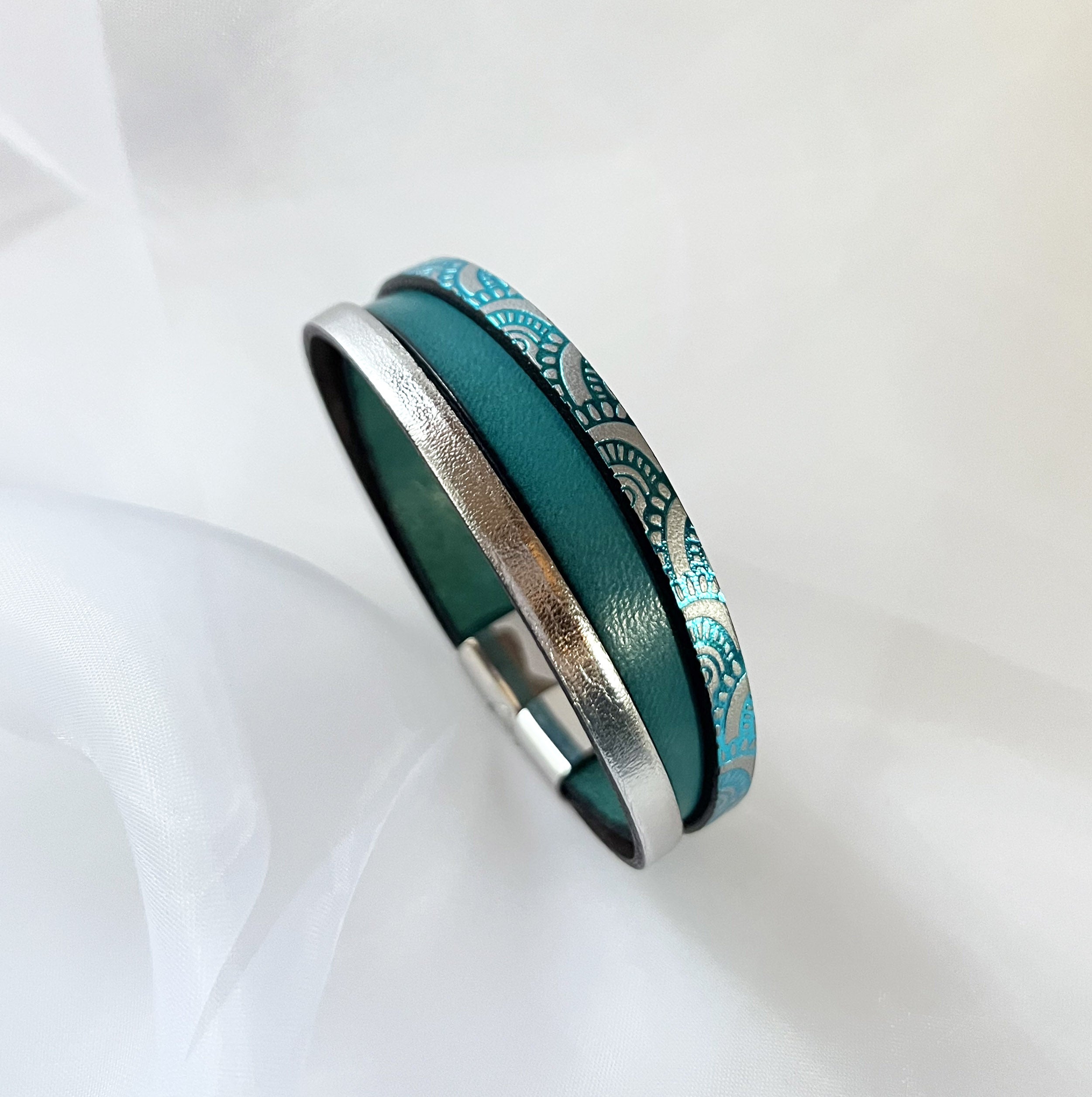 Bracelet manchette femme aux 3 cuirs turquoise et argenté