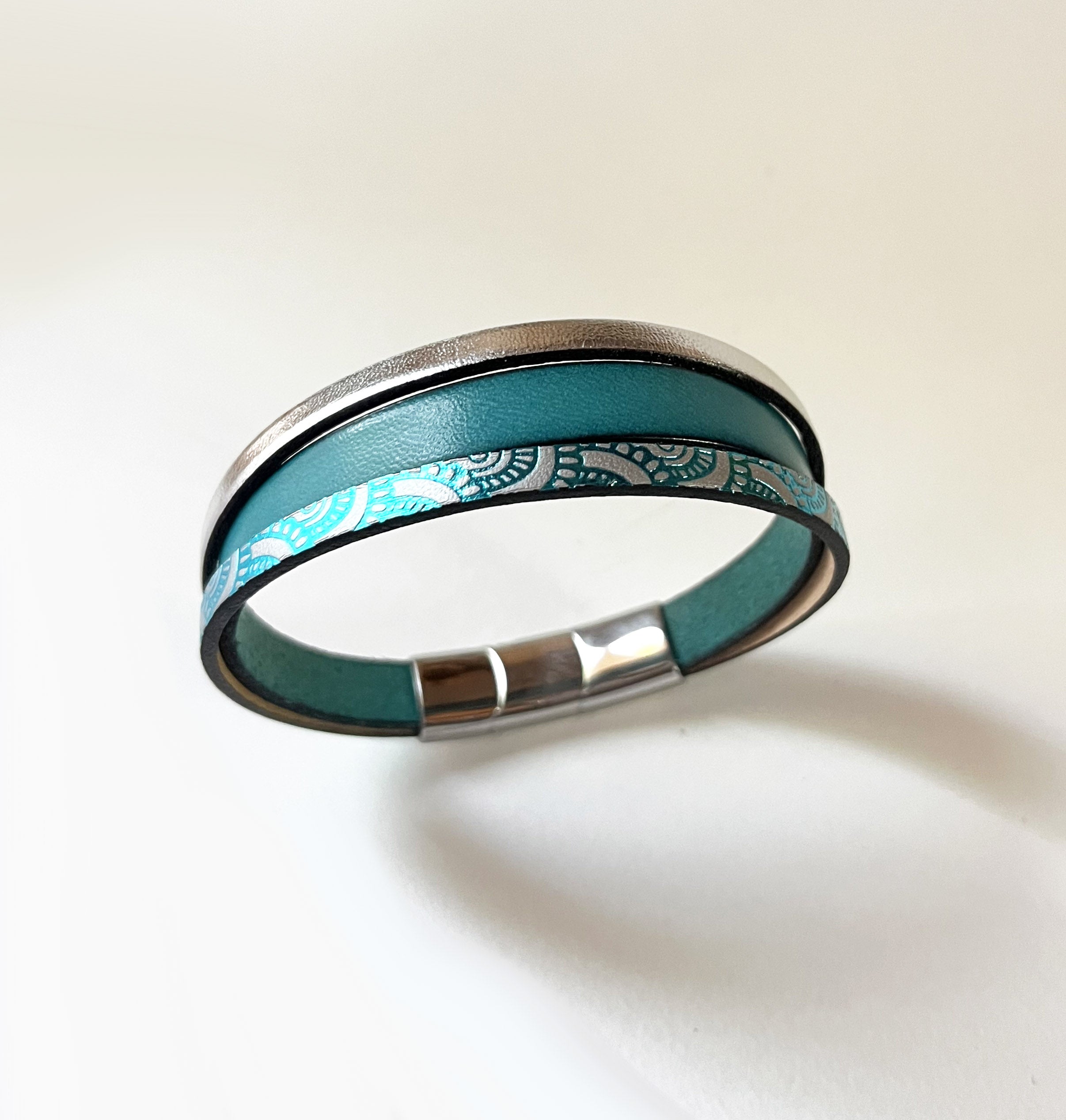 Bracelet manchette femme aux 3 cuirs turquoise et argenté