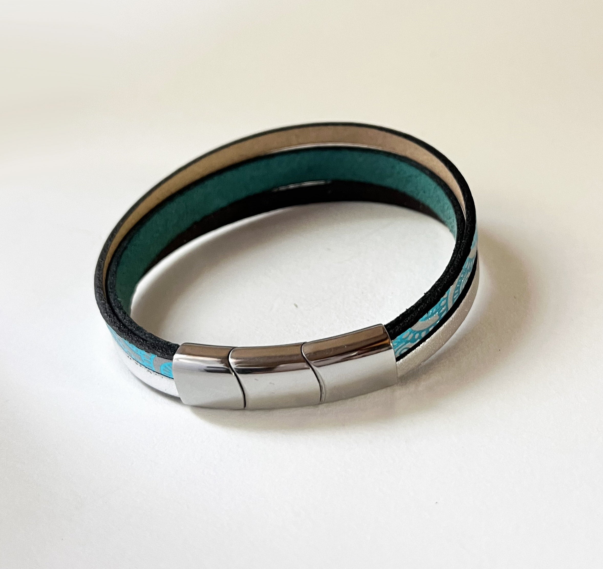 Bracelet manchette femme aux 3 cuirs turquoise et argenté