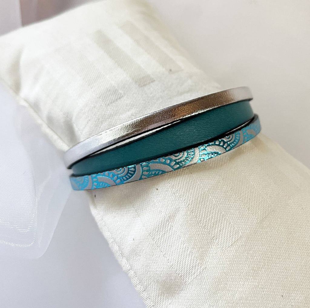 Bracelet manchette femme aux 3 cuirs turquoise et argenté