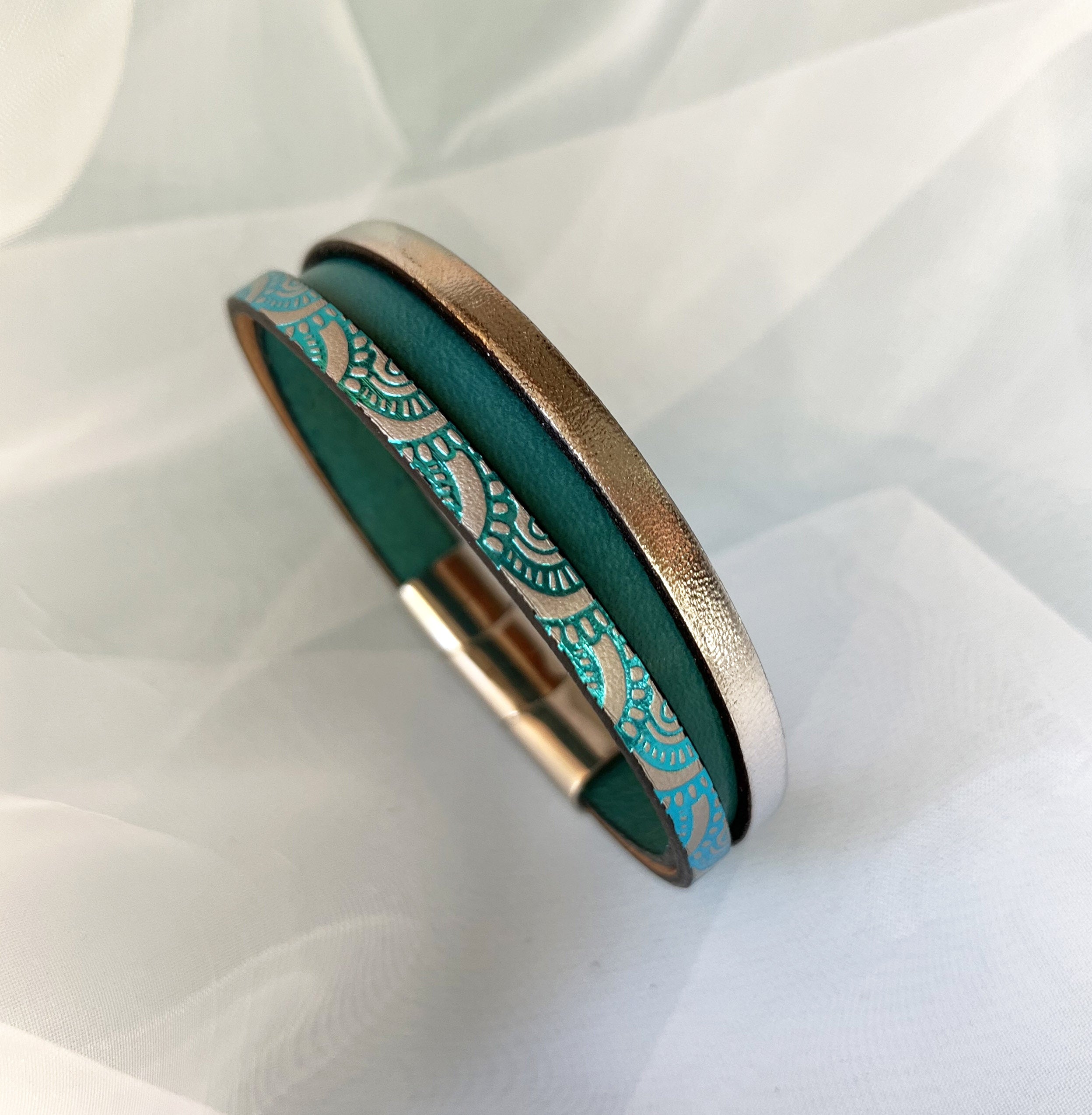Bracelet manchette femme aux 3 cuirs turquoise et argenté
