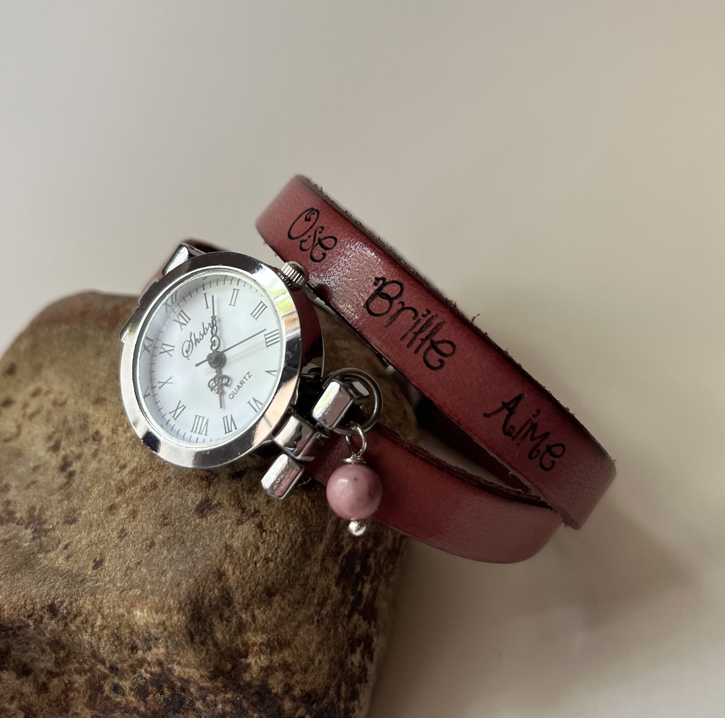 Montre double tour cuir cadran argenté à personnaliser